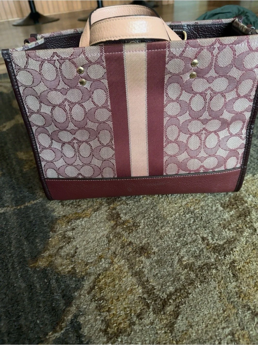 Coach Pink and Burgundy Signature Canvas Tote with Cream Logo Patch